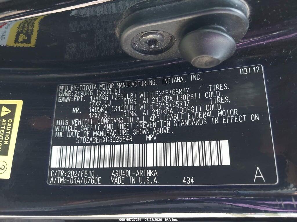 5TDZA3EHXCS025848 2012 TOYOTA HIGHLANDER photo no. 9