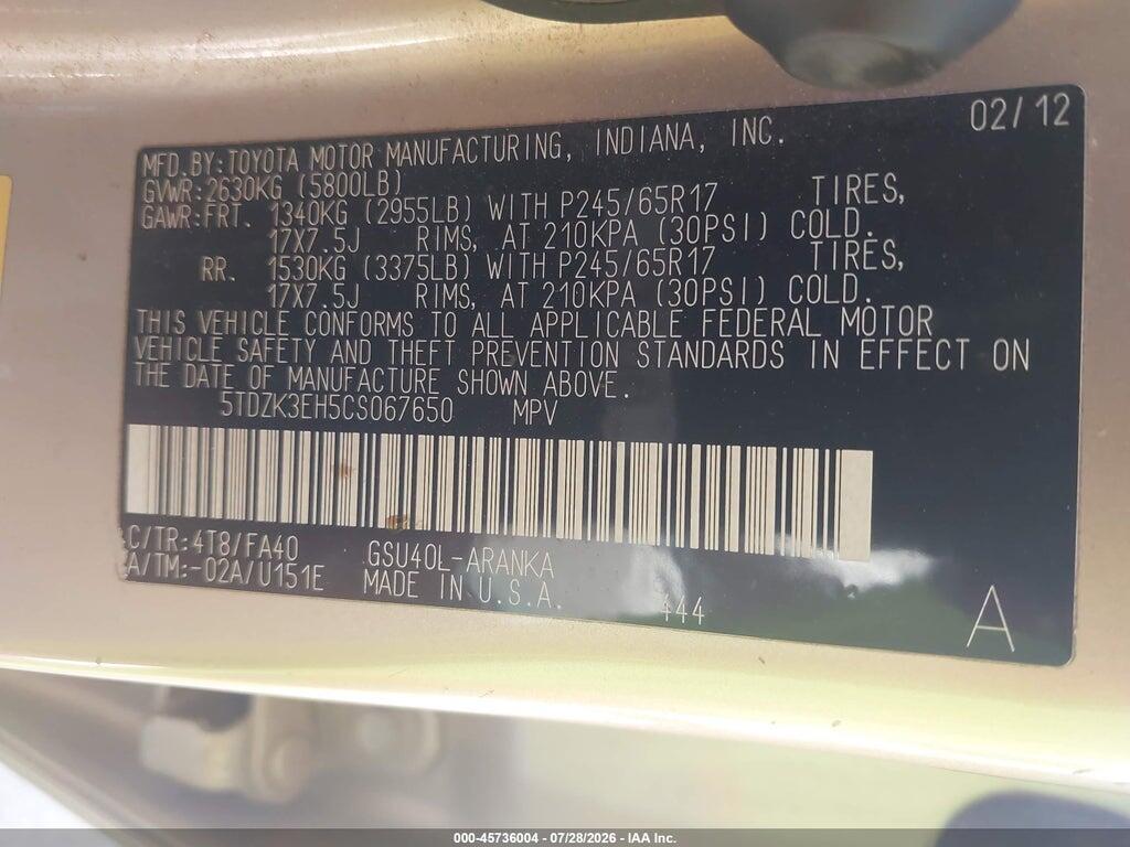 5TDZK3EH5CS067650 2012 TOYOTA HIGHLANDER photo no. 9