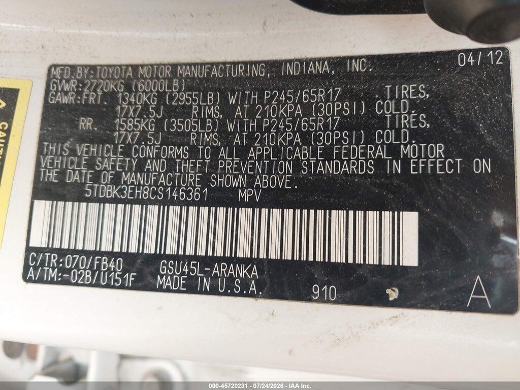 5TDBK3EH8CS146361 2012 TOYOTA HIGHLANDER photo no. 9