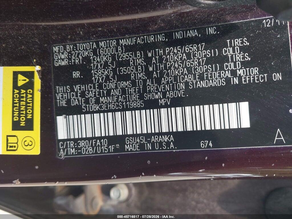 5TDBK3EH6CS119885 2012 TOYOTA HIGHLANDER photo no. 9