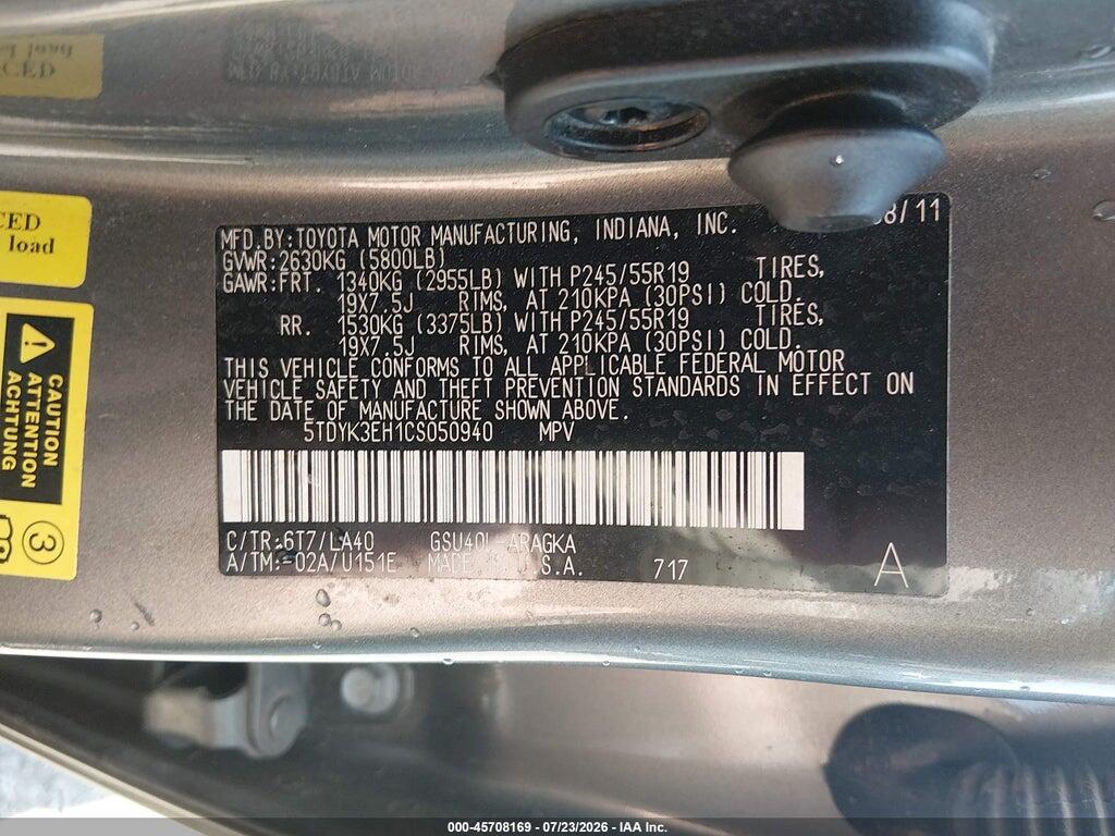 5TDYK3EH1CS050940 2012 TOYOTA HIGHLANDER photo no. 9