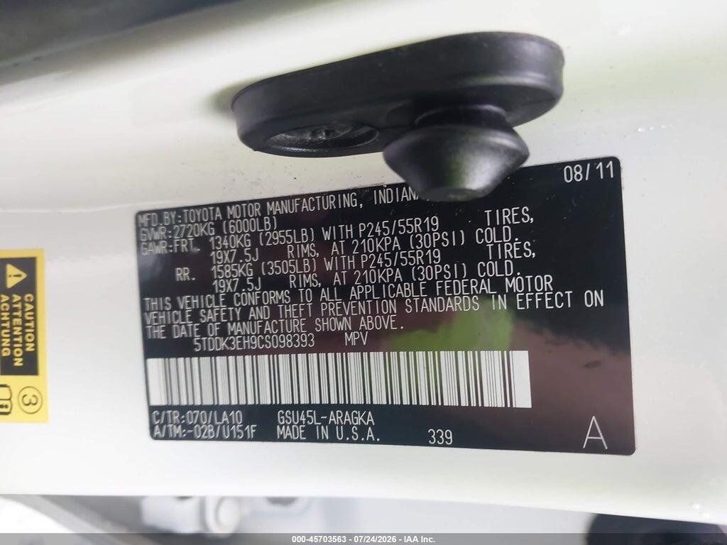 5TDDK3EH9CS098393 2012 TOYOTA HIGHLANDER photo no. 9