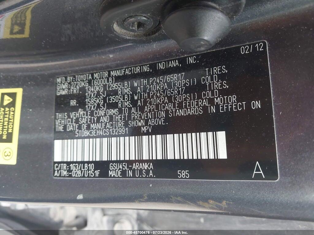 5TDBK3EH4CS132991 2012 TOYOTA HIGHLANDER photo no. 9