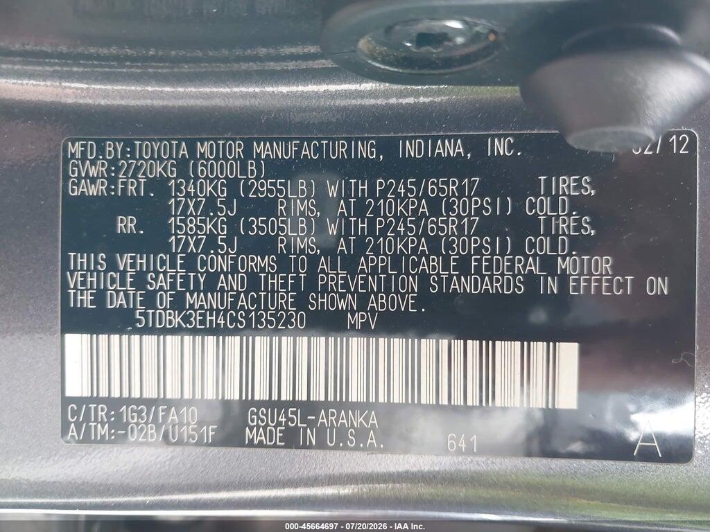 5TDBK3EH4CS135230 2012 TOYOTA HIGHLANDER photo no. 9