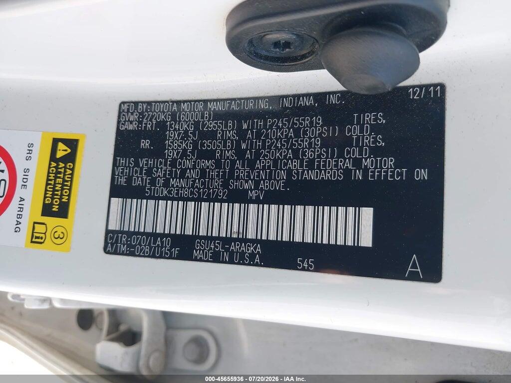 5TDDK3EH8CS121792 2012 TOYOTA HIGHLANDER photo no. 9