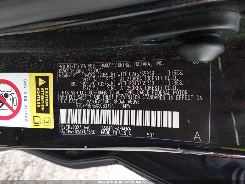 5TDYK3EH5CS083181 2012 TOYOTA HIGHLANDER photo no. 9