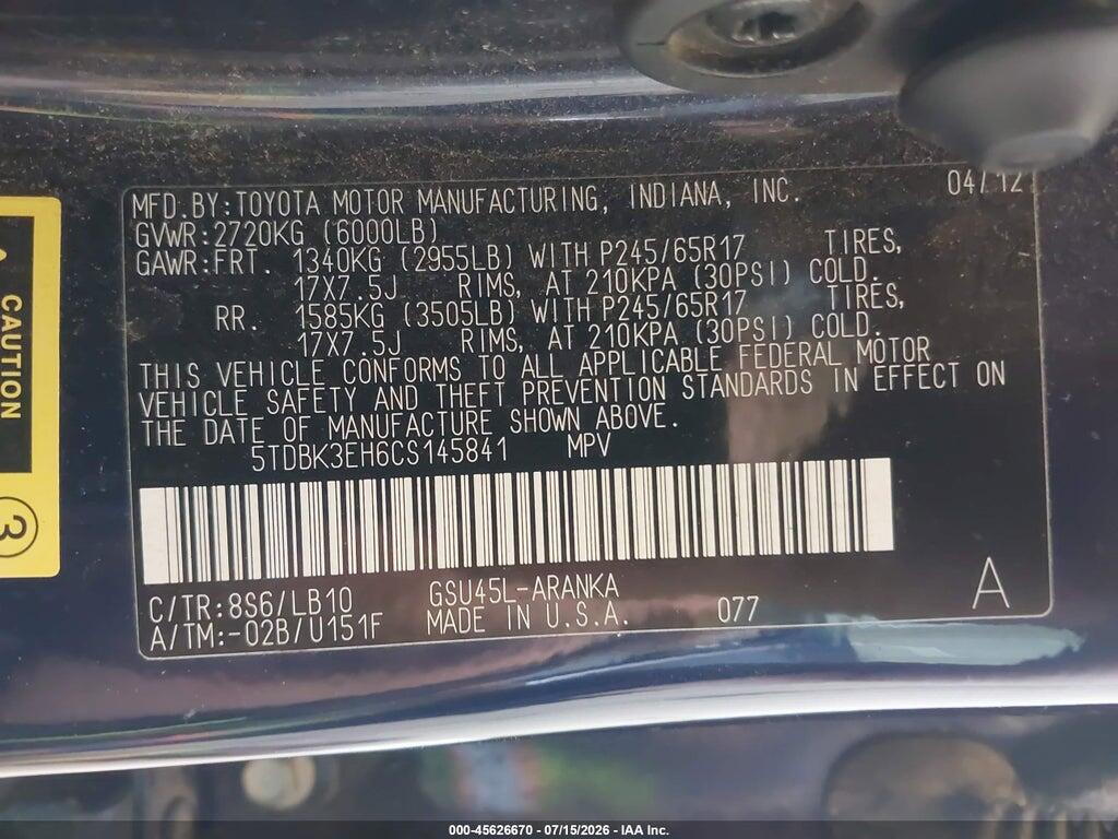 5TDBK3EH6CS145841 2012 TOYOTA HIGHLANDER photo no. 9