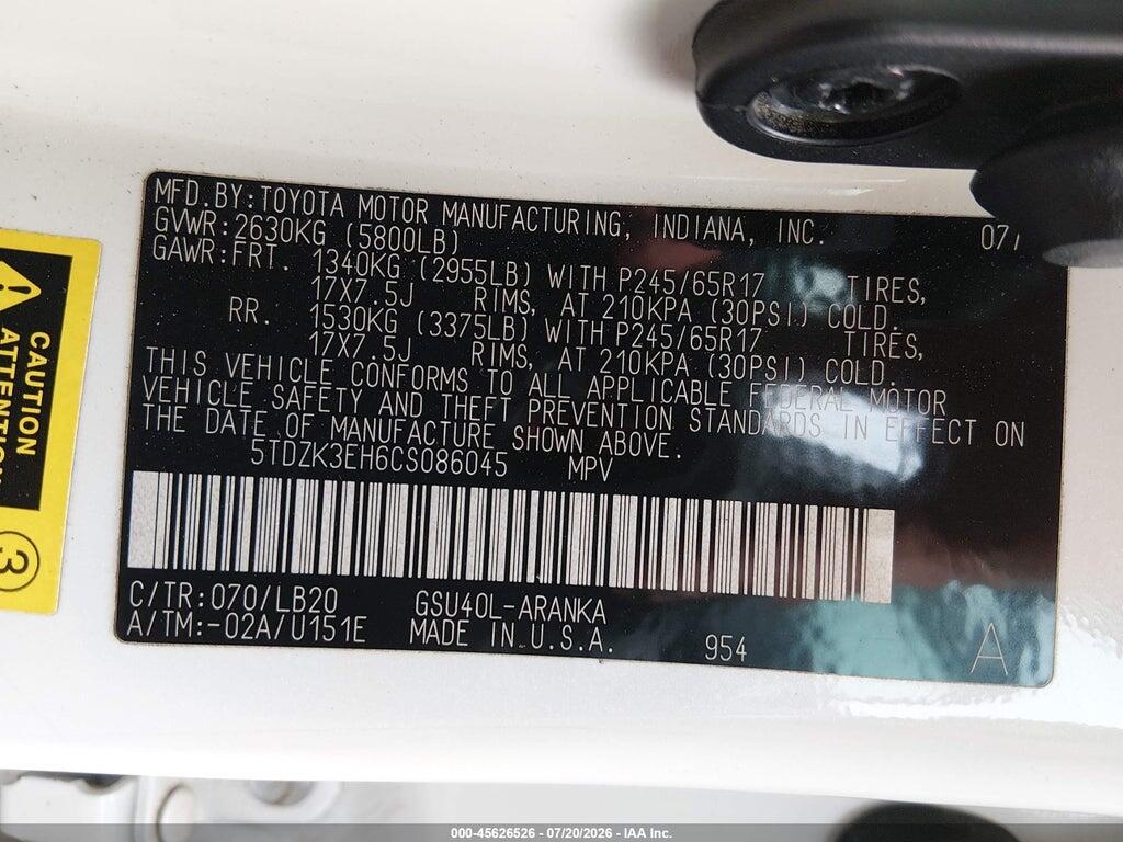 5TDZK3EH6CS086045 2012 TOYOTA HIGHLANDER photo no. 9