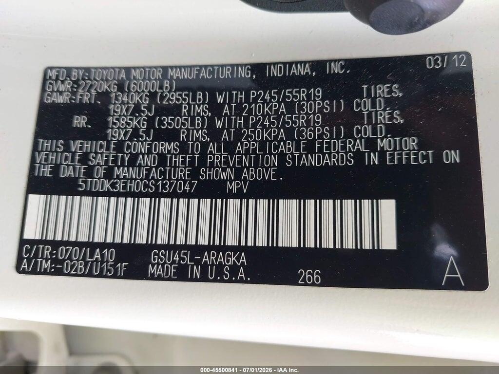 5TDDK3EH0CS137047 2012 TOYOTA HIGHLANDER photo no. 9