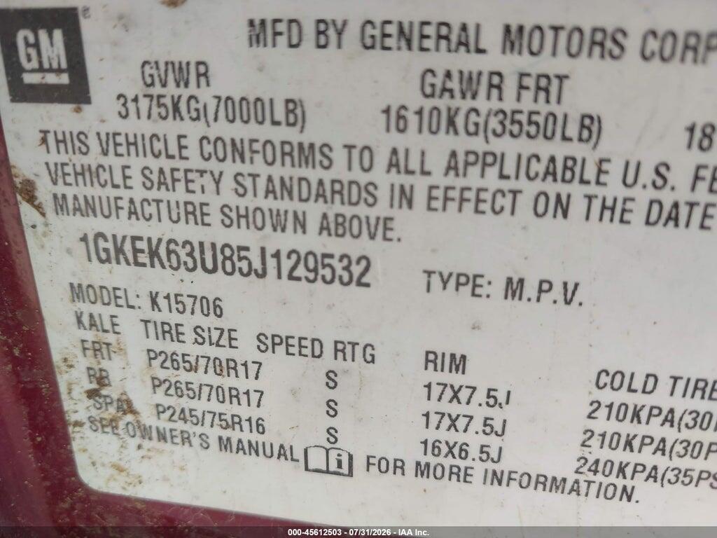 1GKEK63U85J129532 2005 GMC YUKON photo no. 9