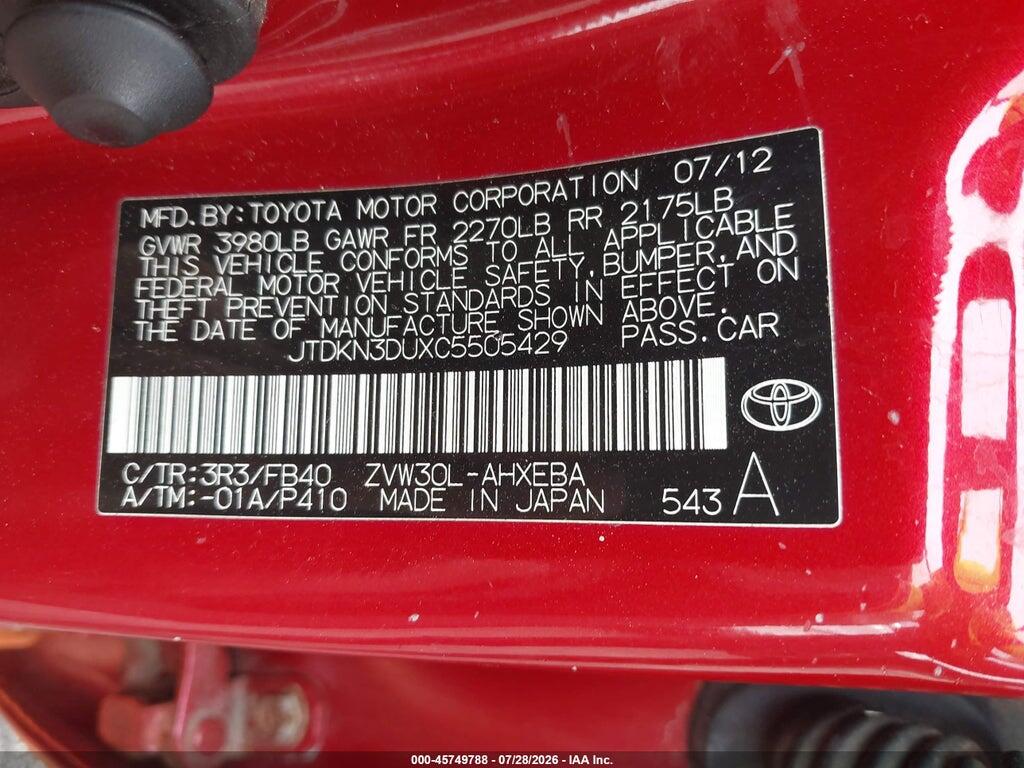 JTDKN3DUXC5505429 2012 TOYOTA PRIUS photo no. 9