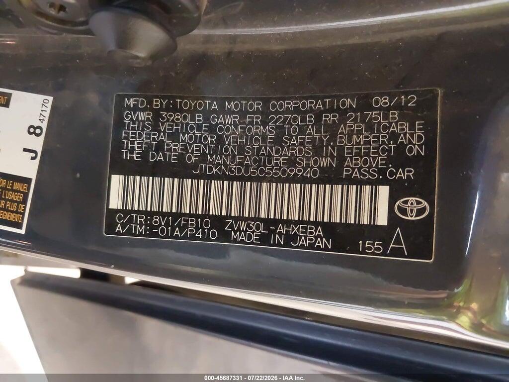 JTDKN3DU5C5509940 2012 TOYOTA PRIUS photo no. 9