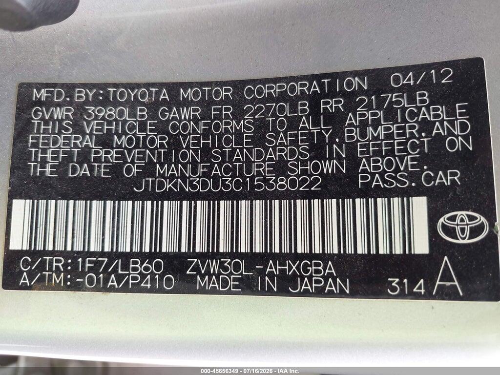 JTDKN3DU3C1538022 2012 TOYOTA PRIUS photo no. 9