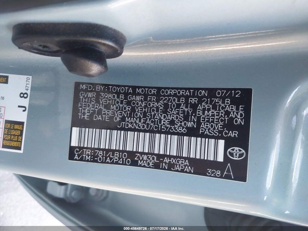 JTDKN3DU7C1573386 2012 TOYOTA PRIUS photo no. 9