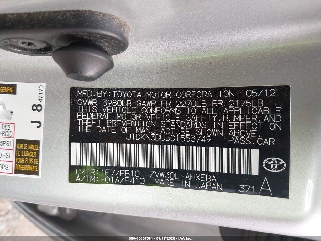 JTDKN3DU5C1553749 2012 TOYOTA PRIUS photo no. 9