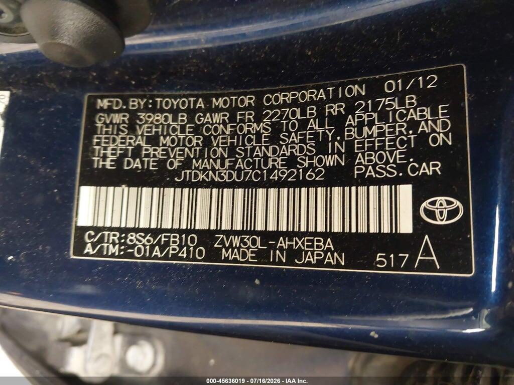 JTDKN3DU7C1492162 2012 TOYOTA PRIUS photo no. 9