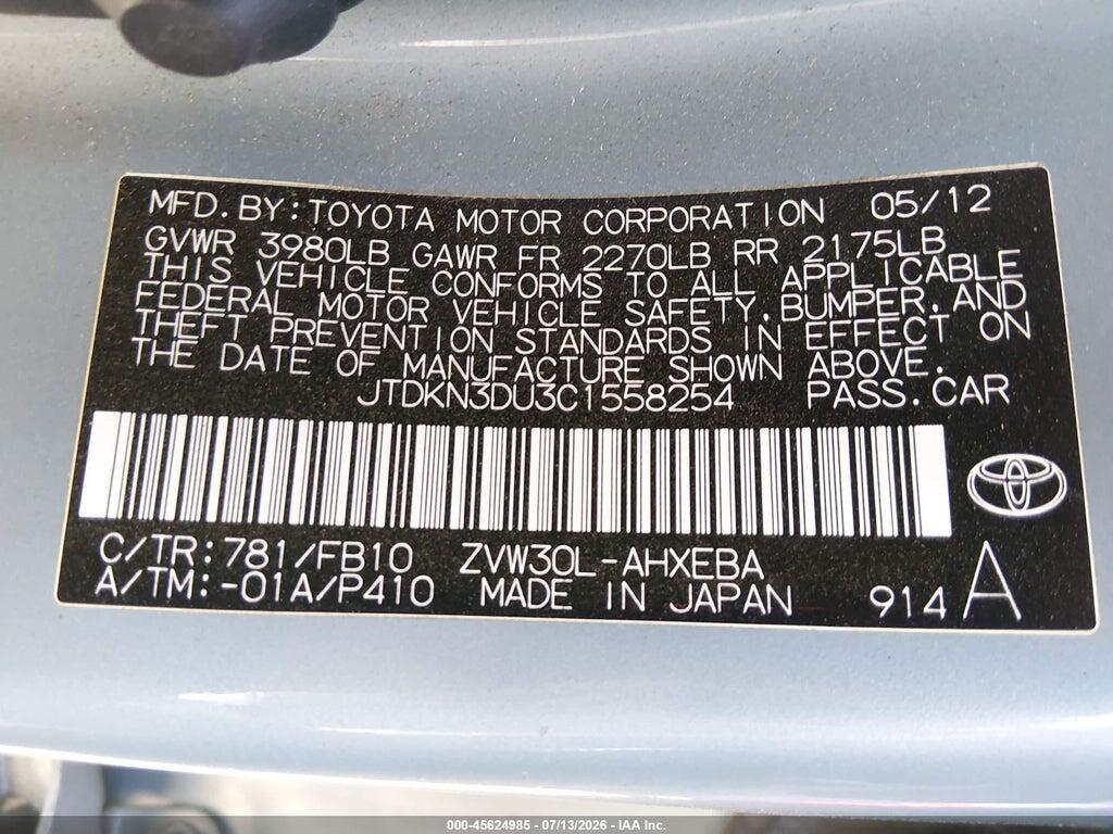 JTDKN3DU3C1558254 2012 TOYOTA PRIUS photo no. 9
