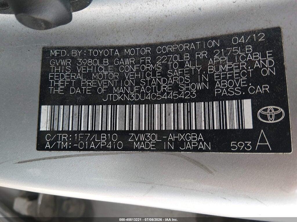 JTDKN3DU4C5445423 2012 TOYOTA PRIUS photo no. 9