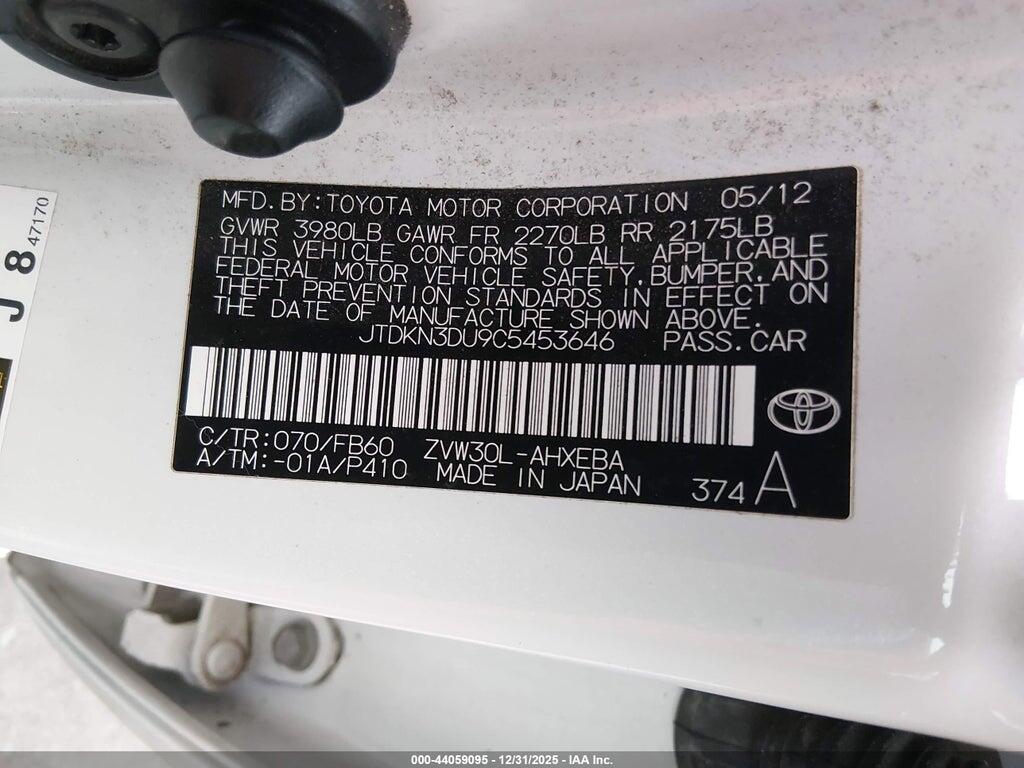 JTDKN3DU9C5453646 2012 TOYOTA PRIUS photo no. 9