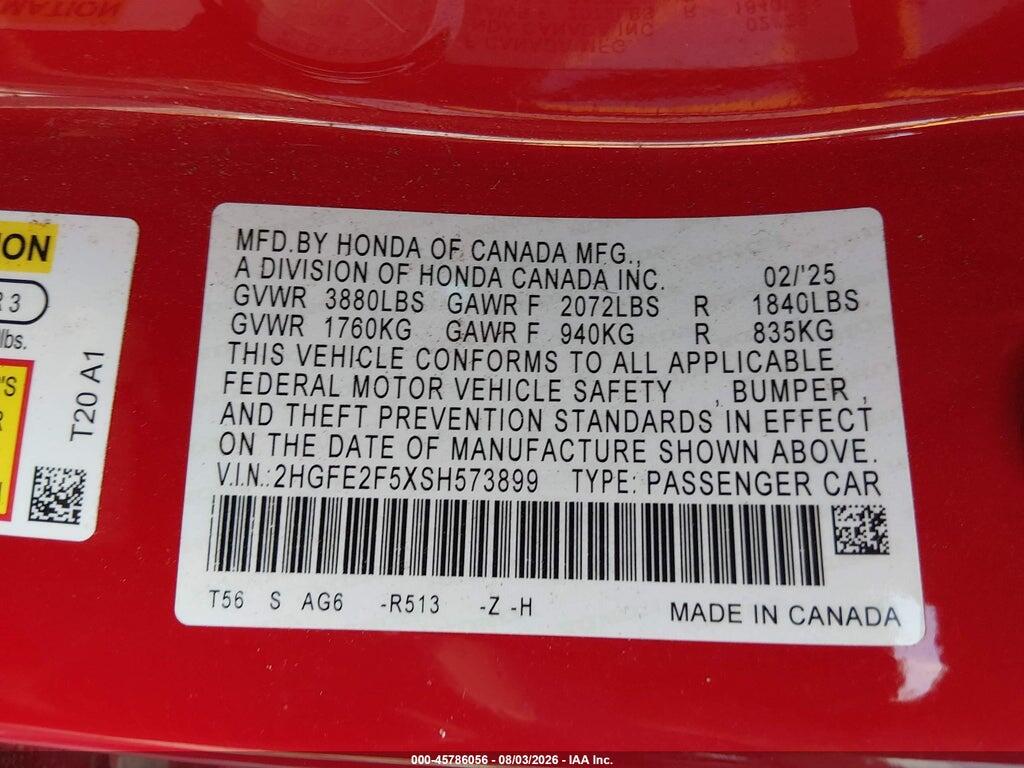 2HGFE2F5XSH573899 2025 HONDA CIVIC photo no. 9