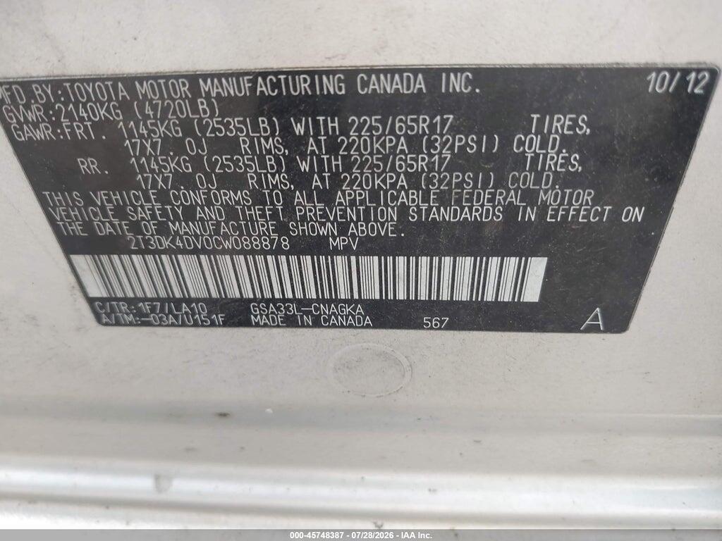 2T3DK4DV0CW088878 2012 TOYOTA RAV4 photo no. 9