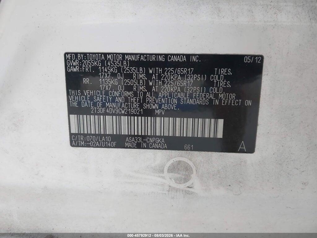 2T3DF4DV9CW219021 2012 TOYOTA RAV4 photo no. 9