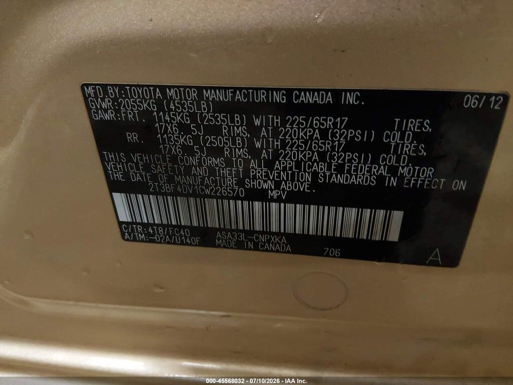 2T3BF4DV1CW226570 2012 TOYOTA RAV4 photo no. 9
