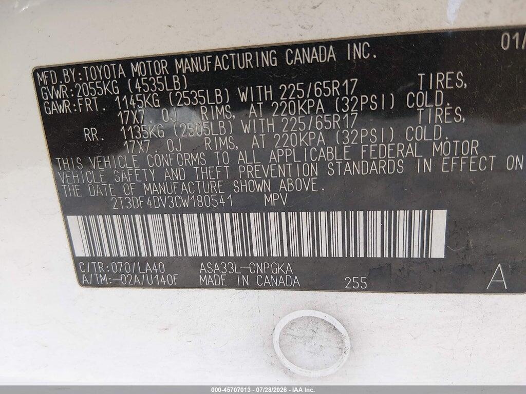 2T3DF4DV3CW180541 2012 TOYOTA RAV4 photo no. 9