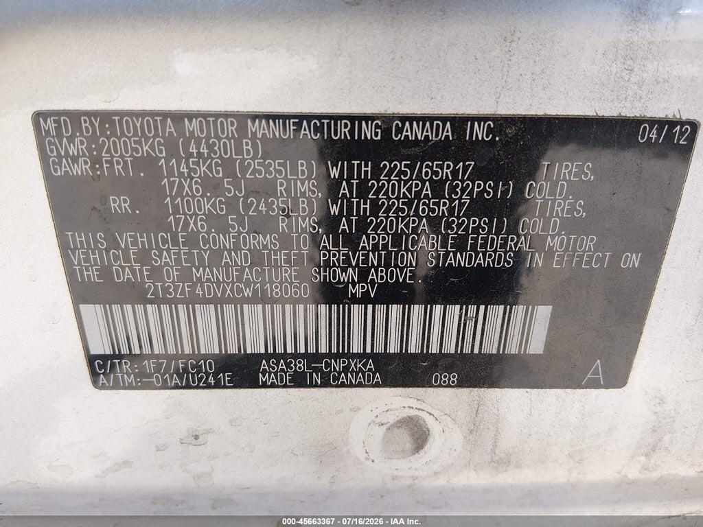 2T3ZF4DVXCW118060 2012 TOYOTA RAV4 photo no. 9
