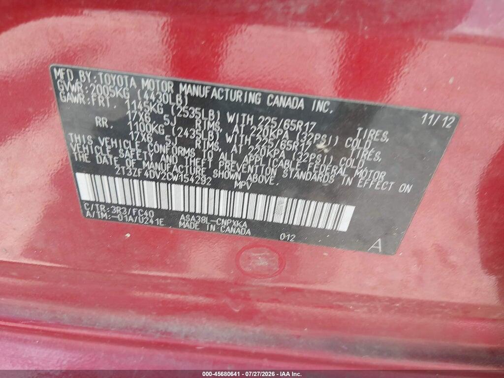 2T3ZF4DV2CW154292 2012 TOYOTA RAV4 photo no. 9