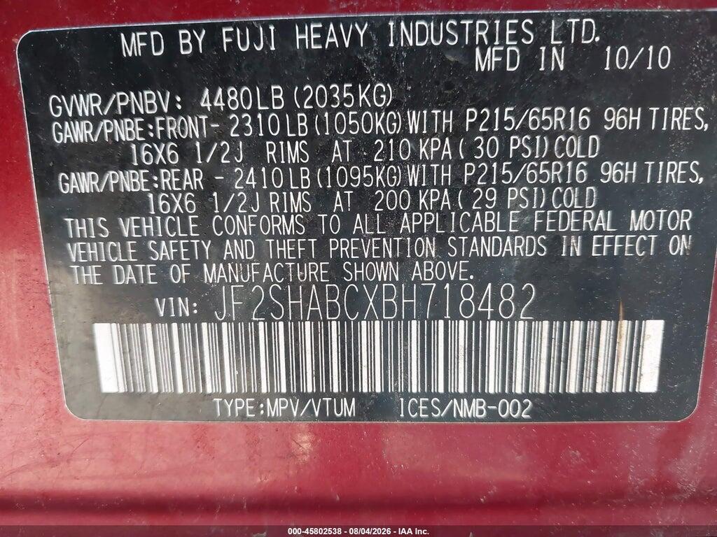 JF2SHABCXBH718482 2011 SUBARU FORESTER photo no. 9