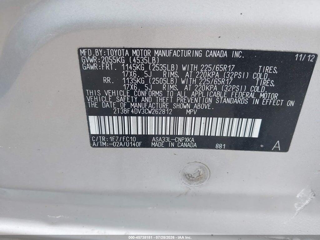 2T3BF4DV3CW262812 2012 TOYOTA RAV4 photo no. 9