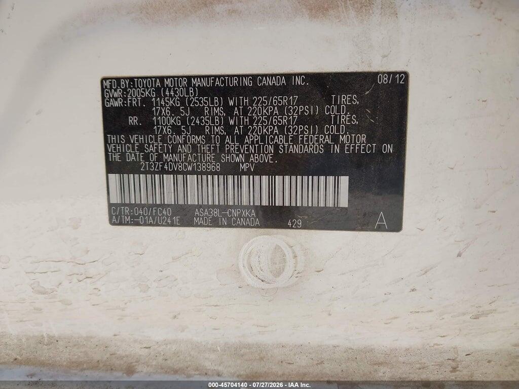 2T3ZF4DV8CW138968 2012 TOYOTA RAV4 photo no. 9
