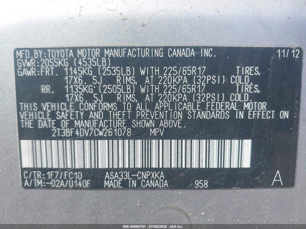 2T3BF4DV7CW261078 2012 TOYOTA RAV4 photo no. 9