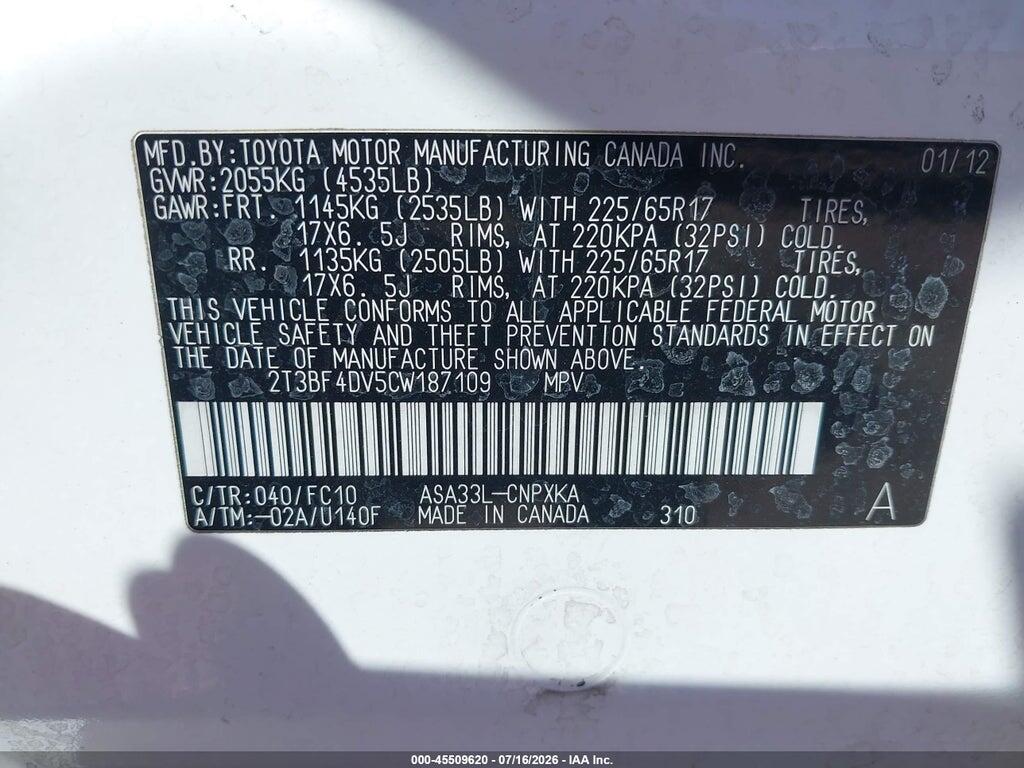 2T3BF4DV5CW187109 2012 TOYOTA RAV4 photo no. 9