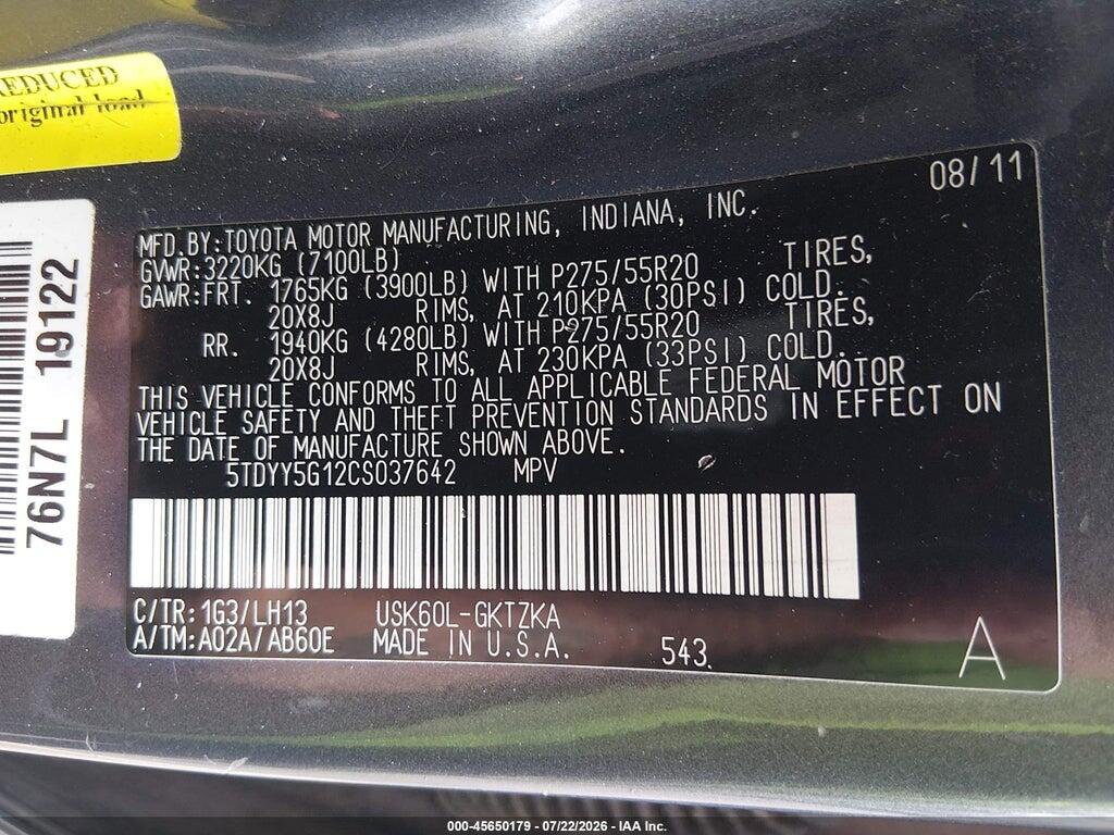 5TDYY5G12CS037642 2012 TOYOTA SEQUOIA photo no. 9