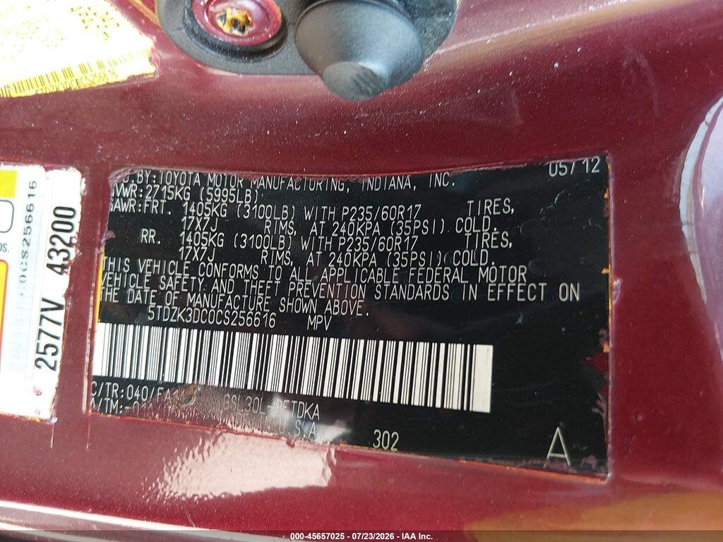 5TDZK3DC0CS256616 2012 TOYOTA SIENNA photo no. 9