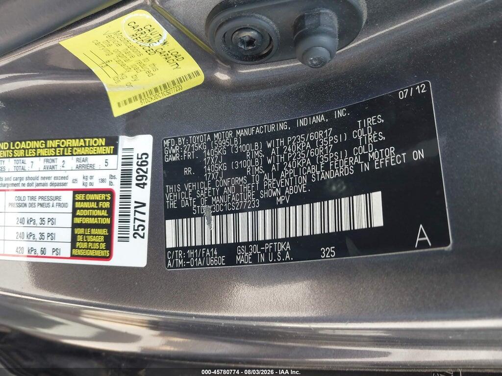 5TDZK3DC1CS277233 2012 TOYOTA SIENNA photo no. 9
