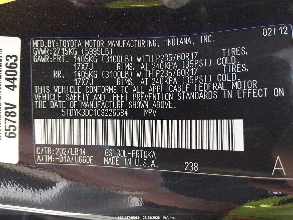 5TDYK3DC1CS226584 2012 TOYOTA SIENNA photo no. 9