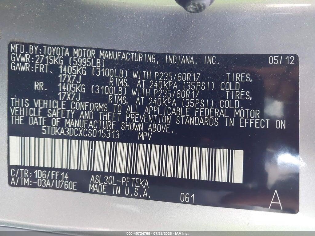 5TDKA3DCXCS015313 2012 TOYOTA SIENNA photo no. 9