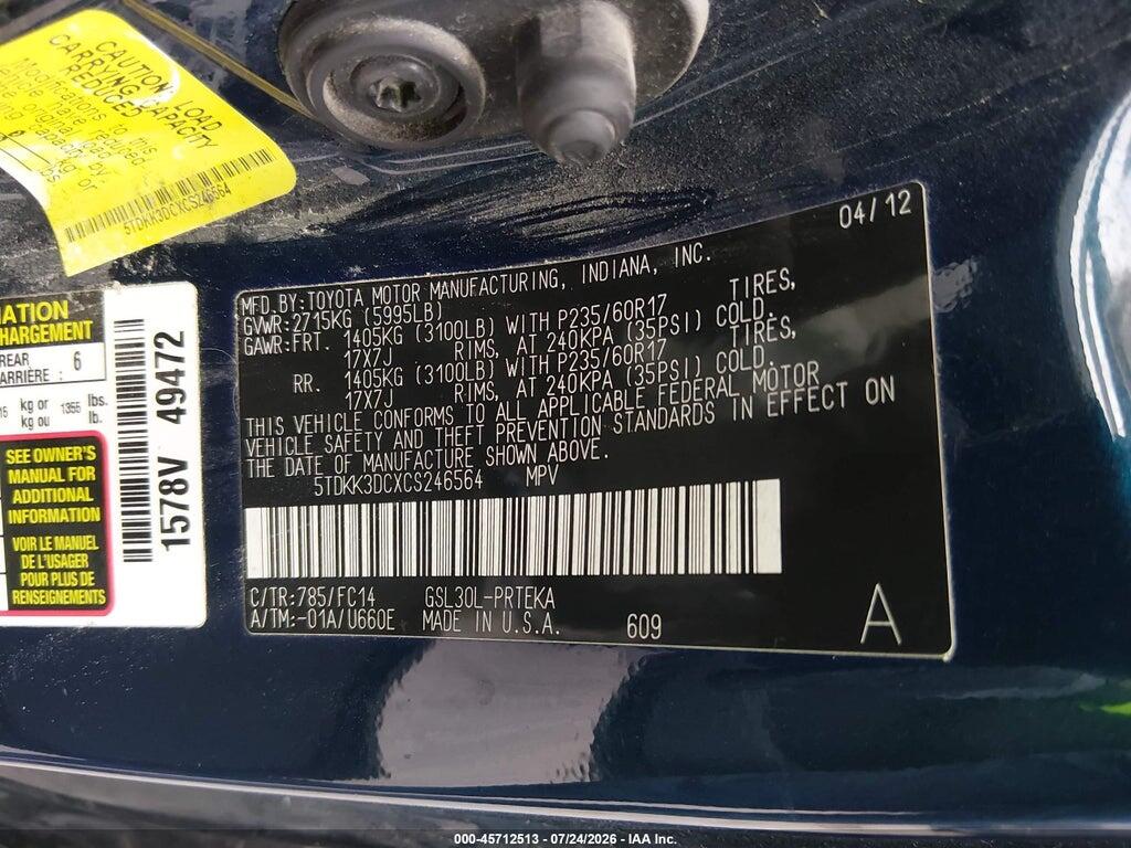 5TDKK3DCXCS246564 2012 TOYOTA SIENNA photo no. 9
