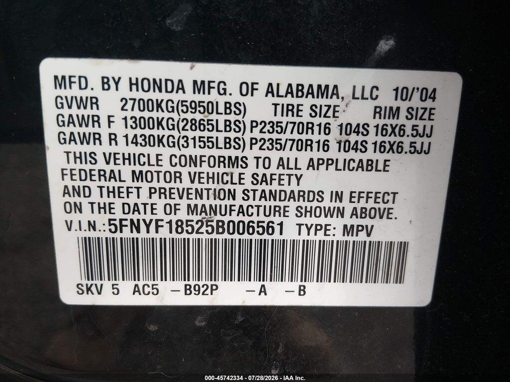 5FNYF18525B006561 2005 HONDA PILOT photo no. 9