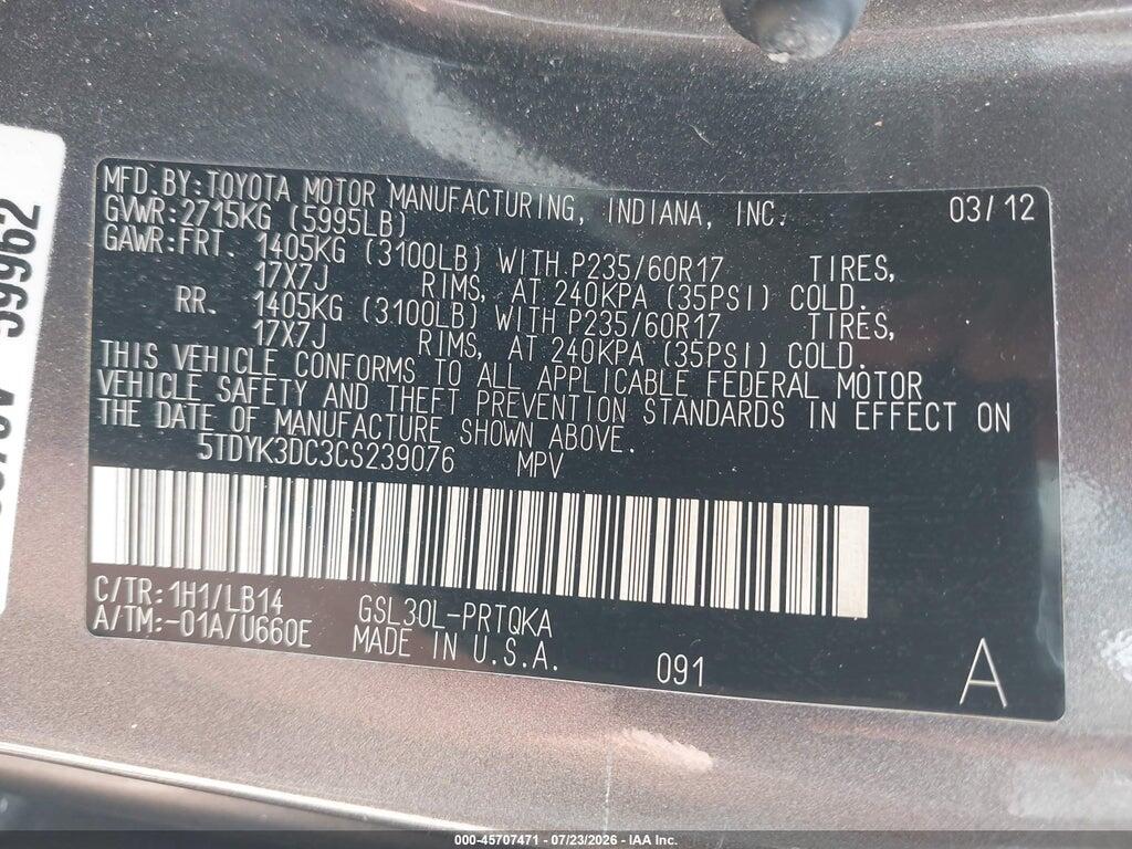5TDYK3DC3CS239076 2012 TOYOTA SIENNA photo no. 9
