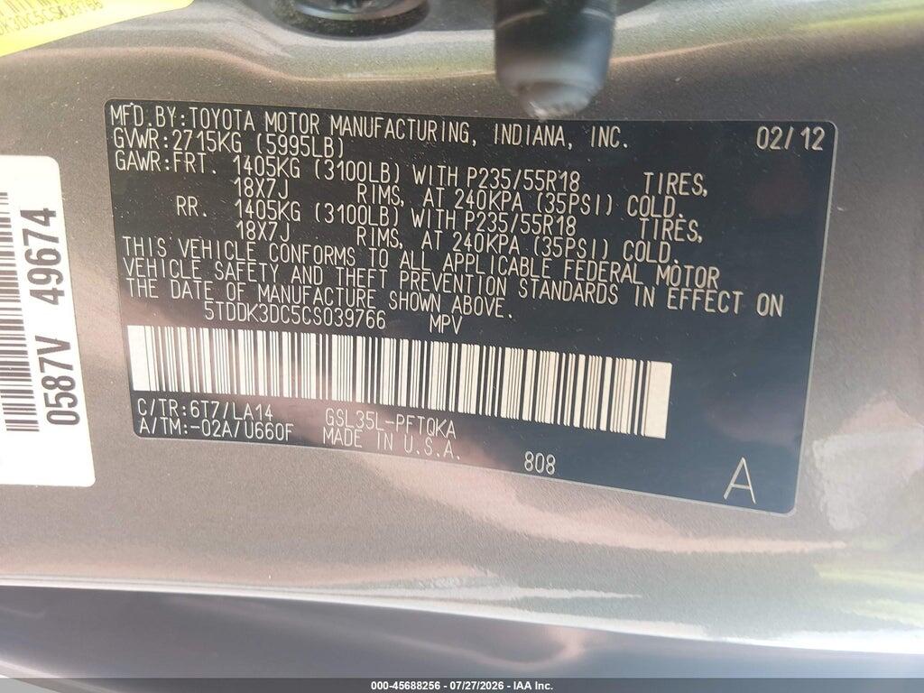 5TDDK3DC5CS039766 2012 TOYOTA SIENNA photo no. 9