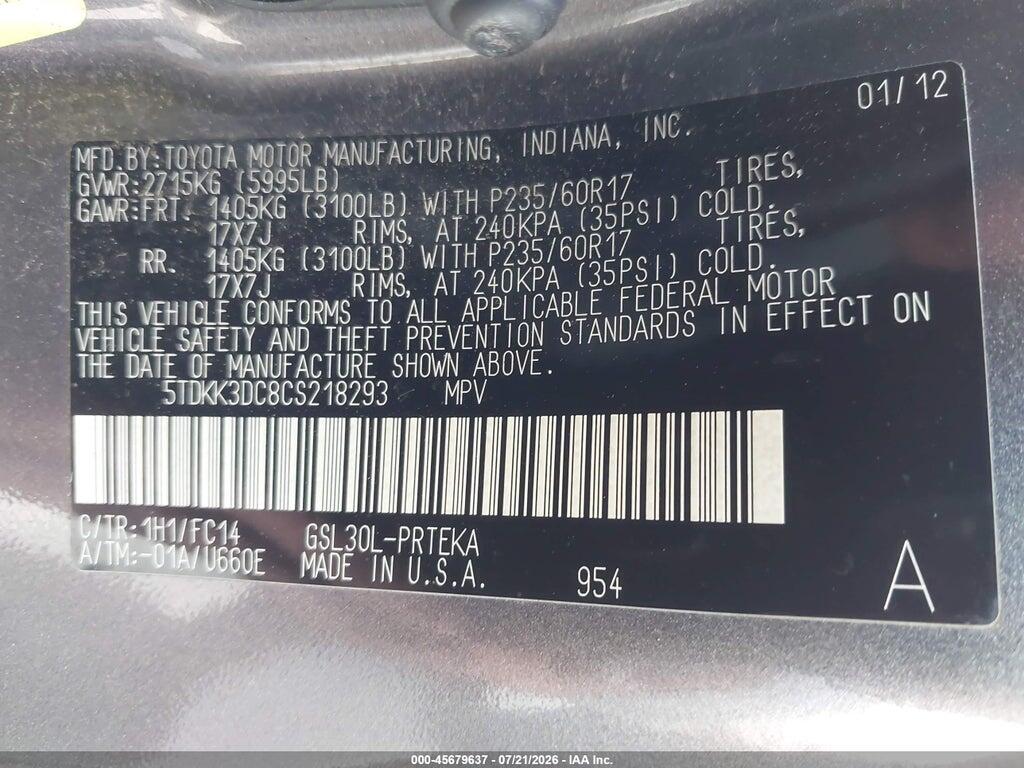 5TDKK3DC8CS218293 2012 TOYOTA SIENNA photo no. 9