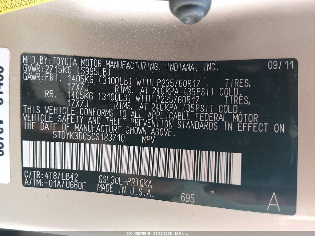5TDYK3DC5CS183710 2012 TOYOTA SIENNA photo no. 9