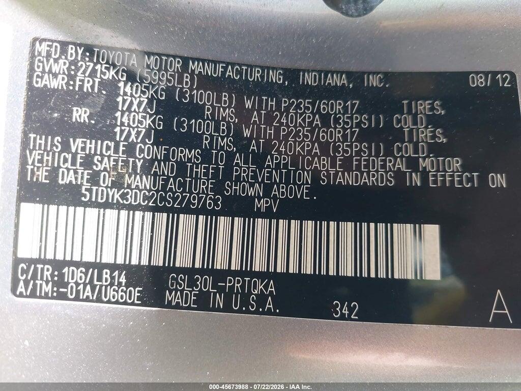 5TDYK3DC2CS279763 2012 TOYOTA SIENNA photo no. 9