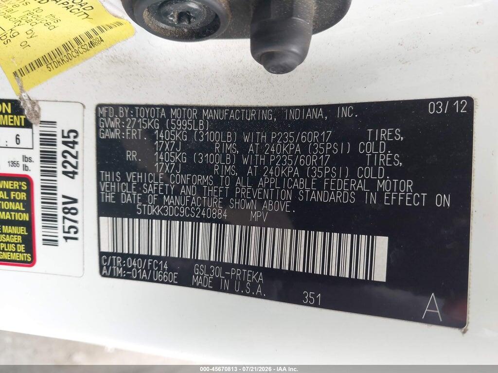 5TDKK3DC9CS240884 2012 TOYOTA SIENNA photo no. 9