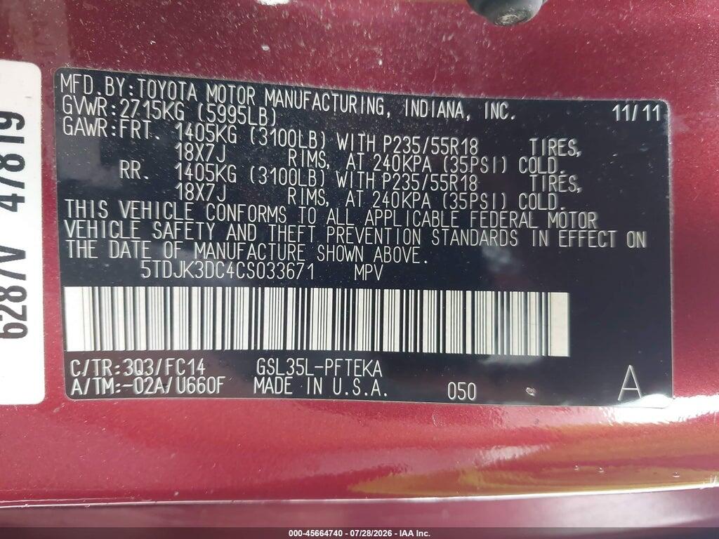 5TDJK3DC4CS033671 2012 TOYOTA SIENNA photo no. 9