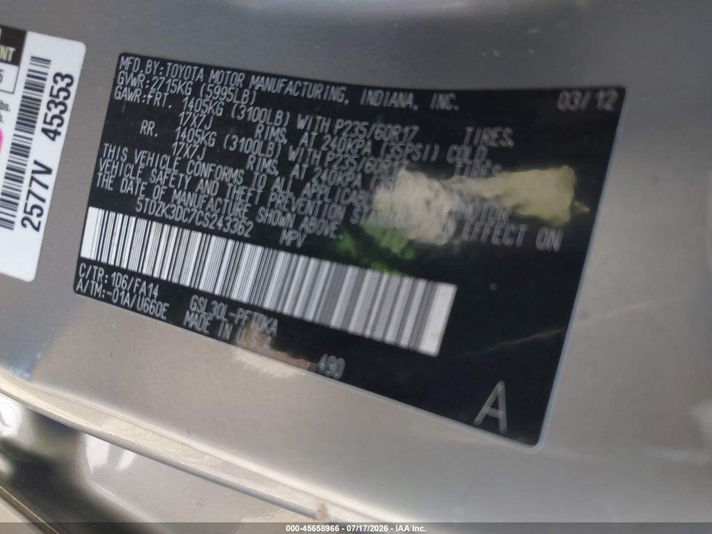 5TDZK3DC7CS243362 2012 TOYOTA SIENNA photo no. 9